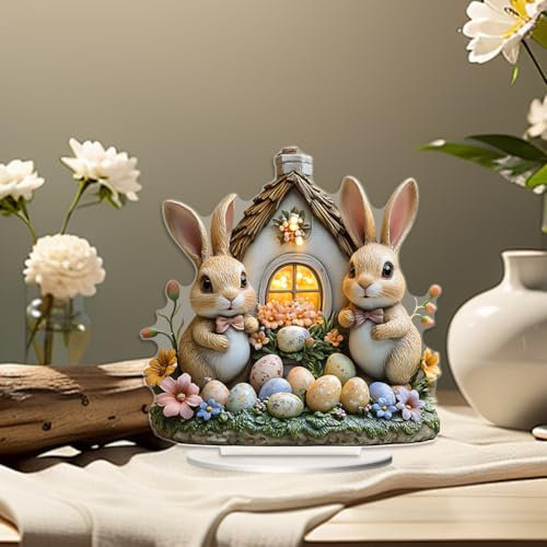 Acryl Desktop-Ornament,Osterhasen-Ornament 2D flaches Acryl Kaninchen Ostereier Oster-Desktop-Dekoration Osterparty Tischornamente,Deko Wohnzimmer,Home Store Dekoration