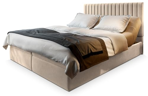 Masseno Boxspringbett MURLO 160x200 cm Komplett-Set mit Matratze und Topper, Polsterbett mit Zwei Bettkästen -Beige, Paros 02