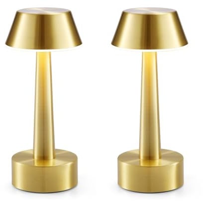 2 Pack Small Cordless Table Lamp for Restaurant Dinner, Gold Battery Operated Lamp Rechargeable 3-Way Dimmable Touch Light Portable Metal Light for Bedside Dining Room Bedroom Patio Bar Outdoor Décor