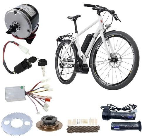 Ysislybin Fahrrad Motor Kit, Bürstenmotor Set 9 Stück/Satz Fahrrad DIY Set Motor + Controller + Kette + 65T Kurbelgarnitur + Freilauf + Gasgriff Elektro-Roller, 24V, 250W