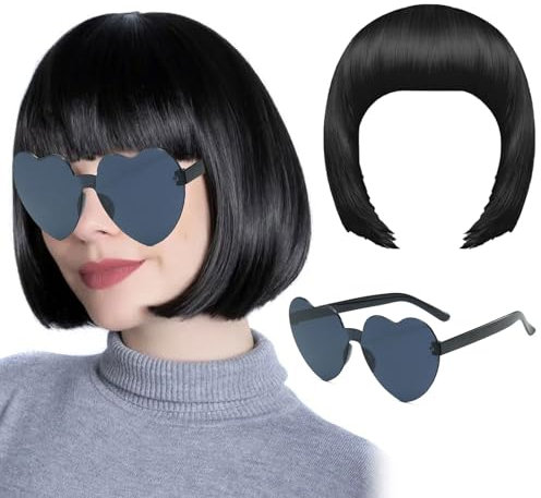 Mikiuly Bob Perücke, Kurze Bob Wig Damen, Perücke Damen, Schwarz Haar Perücken Gerade mit Flach Pony 80er 70er Jahre Perücke Brille Karneval Fasching Cosplay Perücke, Schwarz