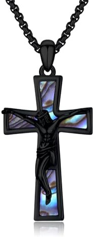 PARYFO Herren Kreuz Halskette 925 Sterling Silber Schwarz Jesus Kreuz Anhänger Halskette mit Abalone Muschel Kruzifix Halskette Kreuz Jesus Schutz Amulett Schmuck für Männer Christlich