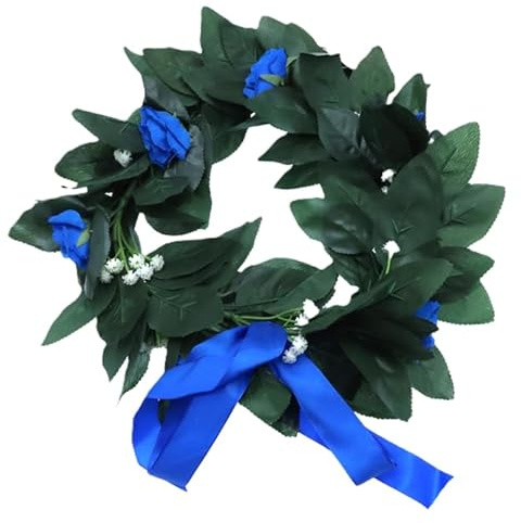 Couronne de laurier artificielle avec roses bleues - Ø 30 cm - Guirlande décorative pour fête de remise de diplôme, élégante et réaliste