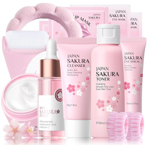 Kirschblüten Skin Care Set Teenager Mädchen Geschenke - Sakura Skincare Set - Anti-Aging Gesichtspflege Set - Hydrierend Beauty Geschenkset Frauen - Mit Gesichtsroller,Toner,Serum,Creme (12PCS)