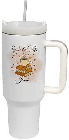 drunkLY Personalisierter Edelstahl Thermobecher 40oz – isolierter Tumbler Cup mit Strohhalm – Für Heiß- & Kaltgetränke – Geschenkidee für Bücherliebhaber & Leseratten (Book&Coffee 2)