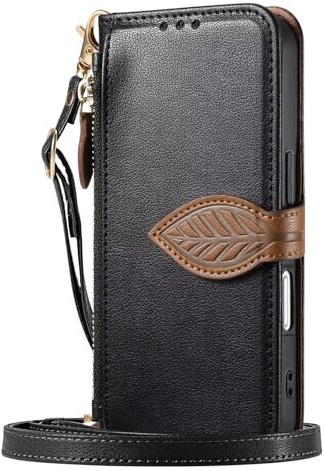 HAOFUGUI Wallet Handyhülle für Samsung Galaxy A25 5G JP, PU-Leder Flip Cover mit Kartenfächern/Umhängegurt/Ständer, Frauen Mädchen Stoßfeste Schutzhülle-Schwarz