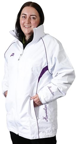 Henselite Ladies Waterproof Lawn Bowling Jacket in White & Purple.