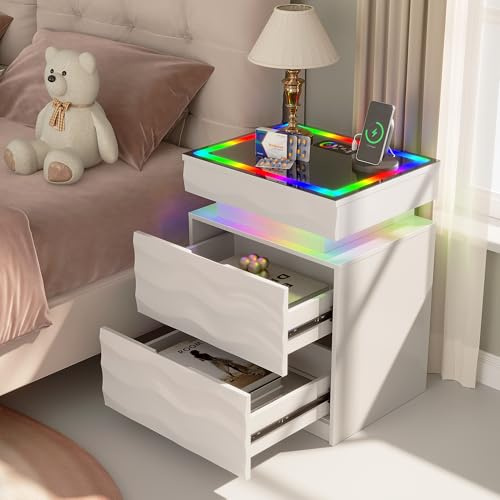 Gurexl RGB Nachttisch mit Ladefunktion und Geheimfach,Smart Beistelltisch mit 24 Farben LED Glastischplatte,Bedside Table mit Intelligente Sensorik und 2 Schublade für Schlafzimmer,Wohnzimmer,Weiß