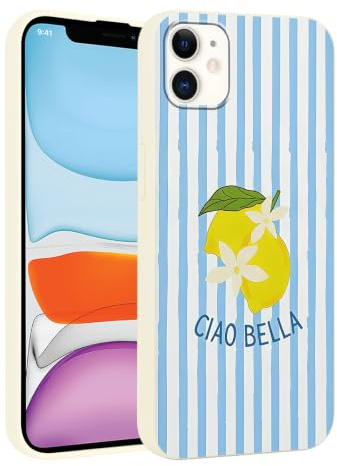 Tivkofk Cute Blue Striped Phone Case for iPhone 11 6.1'', Summer Lemon Flower with Stripe Minimalist Pattern Case, Slim Soft Silicone Shockproof Bumper Protective Cover for Girls Women