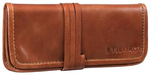 STILORD 'Lenny' Federmäppchen Leder Vintage klein Lederetui Elegantes Lederaccessoire ideal als Stifteetui Schreibmappe und Geldbörse echtes Büffelleder, Farbe:Cognac - glänzend
