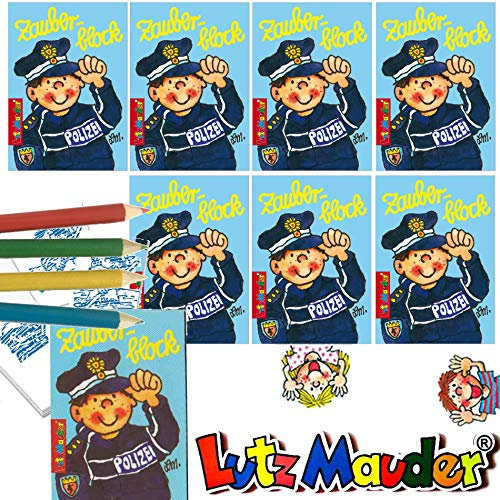 Lutz Mauder 8 x Zauberblöckchen * Polizei * in DIN A8 Plus Buntstifte im Set | Zauberblock Mitgebsel für Kindergeburtstag | Polizist und Polizeiauto