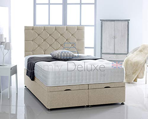 Comfy Deluxe LTD Chesterfield Ottoman Bed Base, 4FT6 Double, Cream | Chenille Fabric Divan Storage Bed Frame, 26 Inch Headboard, Gas Lift Foot-End Opening, No Mattress Included, UK Made
