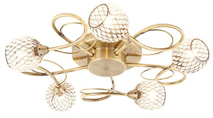 National Lighting Elegant 5 Way Antique Ceiling Light – Curved Arm Semi Flush Living Room Light - Mesh and Beads Glass Globe Shade – IP20 Indoor Ceiling Lighting Lounge Bedroom Dining Room Hallway