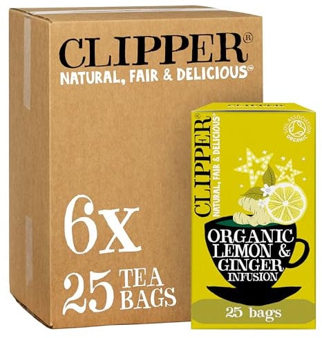 Clipper Organic Lemon & Ginger Tea Bags | 150 Teabag Sachets (6x Boxes of 25) | Bulk Buy, Home & Catering | Caffeine-Free Herbal Tea Bags | Eco-Conscious, Natural, Unbleached & Biodegradable