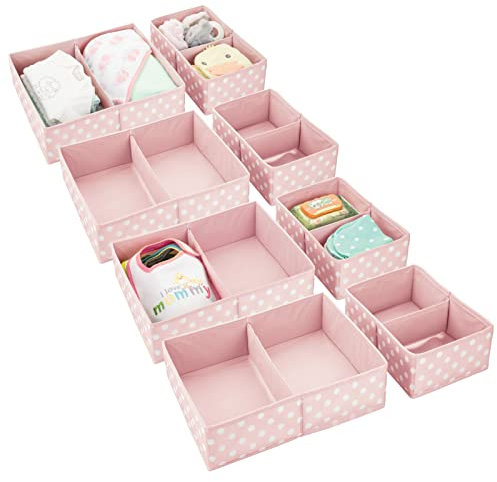 mDesign Aufbewahrungsbox (8er Set) - Aufbewahrungsbox in 2 verschiedenen Größen mit je 2 Fächern für Babyzimmer - Aufbewahrungskörbe mit Punktemuster - rosa/weiß