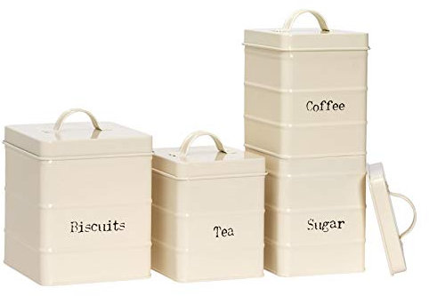Harbour Housewares Metal Kitchen Canisters Set - Cream - 4pc Set - Vintage Loose Tea Coffee Beans Granulated Sugar Storage Container Biscuit Tin Caddy Kitchen Storage with Airtight Lid