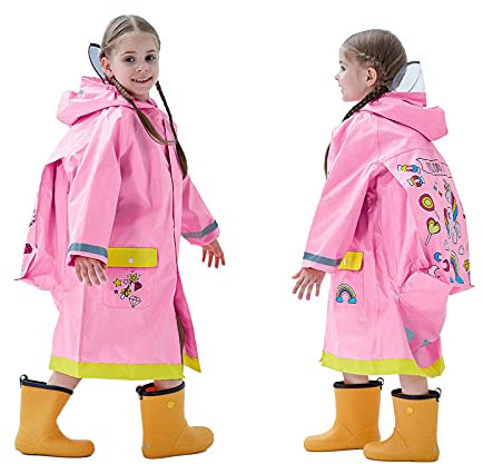 Baogaier Imperméable Enfants Filles Combinaison de Pluie á Capuche Poncho Vest Manteaux Léger Long Réfléchissant Licorne Imprimé avec Poche et Sac pour Randonnée Running Sport Vélo Fille 3-4 Ans Rose