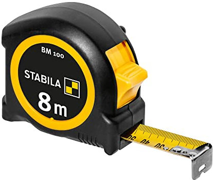 STABILA Taschenbandmaß BM 100, 8 m, Maßband mit metrischer 1000er-Skala, bruchsicheres ABS-Gehäuse, beweglicher Anfangshaken, Gürtel-Clip, MID-Genauigkeit