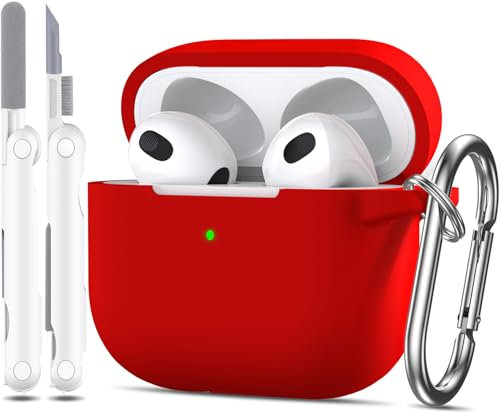 MHYALUDO AirPods 3rd Generation Case Cover 2021, Military Grade Anti-Fall Soft Silicone Shock-Absorbing Protective AirPods 3 Case Skin with Keychain and Cleaning kit, Front LED Visible, Red