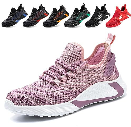 Chaussure de Sécurité Homme Légère Baskets de Sécurité Femme Respirant Chaussure de Travail en Acier Toe Unisexes Rose