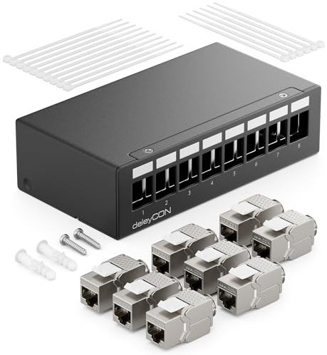 deleyCON 8 Port Patchpanel Set Patchfeld Verteilerfeld 1 HE + 8x RJ45 Keystone Jack Modul STP CAT6a Kompatibel mit Verlegekabel CAT6 CAT6a CAT7 Netzwerkkabel Ethernet LAN DSL - Schwarz