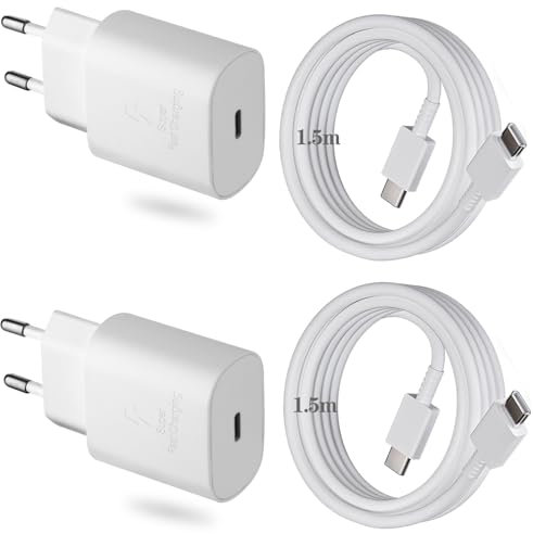 2 Pack 25W Schnellladegerät USB C für Samsung Galaxy S25 S24 S23 S22 S21 S21+ S21 FE S21 Ultra Z Fold 4 5 6 S20 S20+ S20 FE Note20 A90 A80 A70 A72 A54 A53 A56 Ladegerät mit 1.5m Ladekabel Typ C Weiß