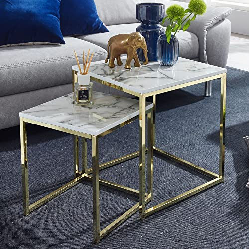 möbelando Design Beistelltisch 2er Set Weiß Marmor Optik Eckig | Couchtisch 2-teilig Tischgestell Metall Gold | Kleine Wohnzimmertische | Moderne Satztische Quadratisch