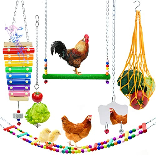 Juguetes de pollo para cocineros 6pcs, juguetes para gallinas para gallinas, sacos de escaleras oscilantes para pollos, bolsas de verduras colgantes, espejos para gallinas