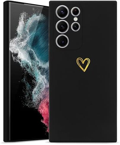 Wirvyuer Kompatibel mit Samsung Galaxy S22 Ultra 5G Hülle Mädchen Handyhülle Gold Liebesherz Weich Silikon Case Süßes Gold Love Slim Stoßfest Schutzhülle für Samsung S22 Ultra 5G Schwarz