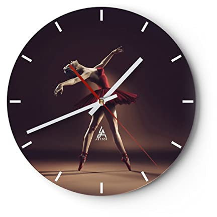 Modern Wanduhr Ballerina Rot Kleid 30x30cm Rund Klein Wand Uhr Glas Analog Zimmeruhren Küche Büro Wohnzimmer Glasuhr Wall Clock Dekoration Design Wanddekoration Küchenuhr C3AR30x30-4336