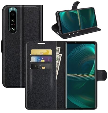 betterfon Handyhülle Kompatibel mit Sony Xperia 5 III | Premium Qualität TPU Klapphülle für Xperia 5 III mit Kartenfächern | Magnetverschluss Handyhülle | Schwarz