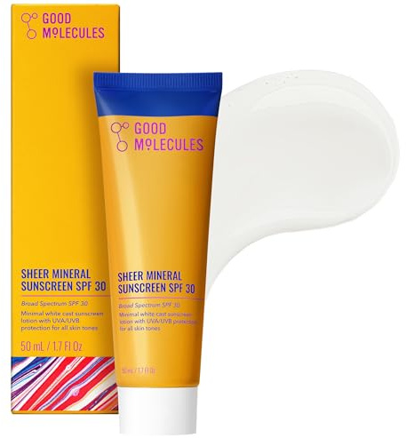 Good Molecules Sheer Mineral Sunscreen SPF 30 50 ml / 1.7 oz - Invisible, Sheer, Zinc Oxide Sunscreen with Hyaluronic Acid - Reef-Safe, Hydrating, Nongreasy UVA/UVB Protection - Skin Care for Face