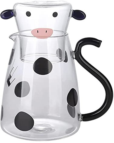 GIMOCOOL Cow Glass Pitcher, Cow Bedside Water Carafe, Cartoon Night Glass Carafe with Glass Cup Set, Cute Cow Glass Carafe Set, Creative Cow Glass Pitcher Water Bottles Home Decor Kitchen Supplies