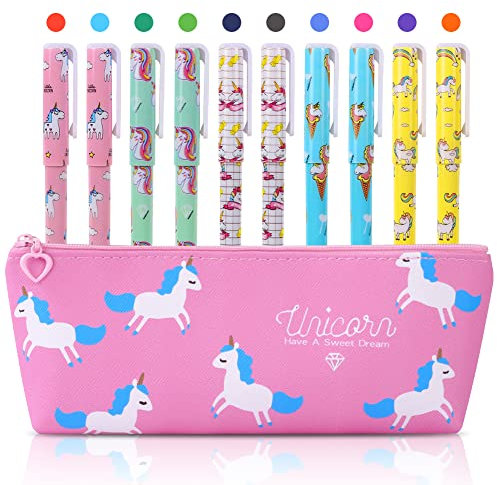 OFFCUP Einhorn Stifte Set, Unicorn Federmappe Mit 10 Gelstifte, Geschenke für Mädchen und Jungen, Schreibwaren Set für Geburtstag, Rosa