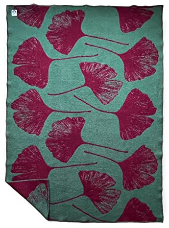 JOWOLLINA Wendedecke Wolldecke Plaid Kuscheldecke Öko-Wolle 130x200 cm, Ginkgo (Entengrün Bordeaux)