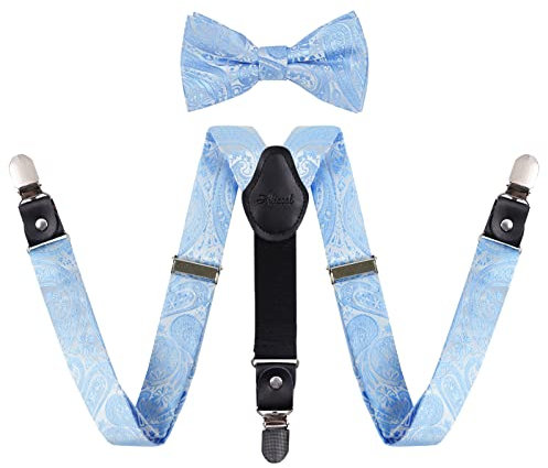 Alizeal Jungen Einstellbare Floral Paisley vorgebundene Fliege und Y Form 3 Clips Braces Set, Hellblau