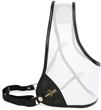 AMEYXGS Brustschutz für Bogenschießen, Rindsleder, für Rechtsbogenschützer, Größe S/M/L, Schwarz, Weiß, Blau (Weiß, S)