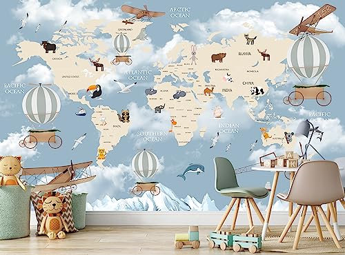 Papier peint photo carte du monde animaux pour enfants mur chambre d'enfant montgolfières l 366 cm x H 254 cm décoration murale poster papier