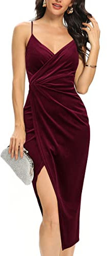 Missufe Vestido midi para mujer, vestido de cóctel, vestido envolvente, vestido de verano, vestido de fiesta, festivo, elegante, bodycon boda, vestido de noche, vestido de tirantes delgados, rojo