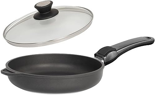 SKK große 2-tlg. Gusspfanne Ø 28 cm mit hohem Rand - ohne Induktion - beschichtete Pfanne Stiel abnehmbar & Edelstahlrand-Deckel - Made in Germany