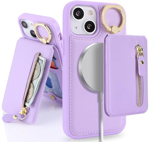 SailorTech iPhone 13 Mini Phone Leather Case with Credit Card Holder Magsafe, iPhone 13 Mini Case Ring Stand with Kickstand Card Slots Wallet Detachable 2-in-1 Zipper Case - Purple