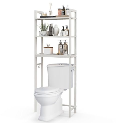 GOPLUS Estantería para Baño y Lavadora, 3 Estantes y 3 Ganchos Extraíbles, para Cuarto de Baño y Lavandería, 63 x 26,5 x 170 cm (Blanco), KW21092DE