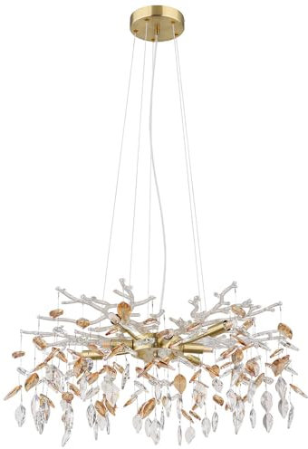 GLOBO Pendellampe Hängeleuchte Kronleuchter Luster Esstischleuchte Glas Blätter Kristalle, Metall, 8x G9 Fassungen, DxH 61x120 cm