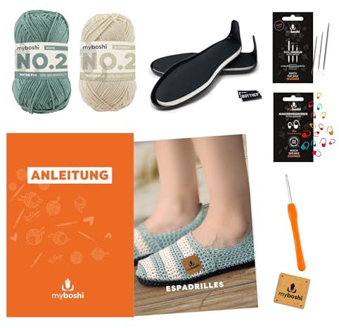 myboshi Häkelset Espadrilles, Botties Sohlen-Set mit Ferse, No.2 Wolle, Häkelnadel, Maschenmarkierer, Wollnadeln, Anleitung, 85% Baumwolle, 15% Kapok, Grün, Beige Größe XS (38)