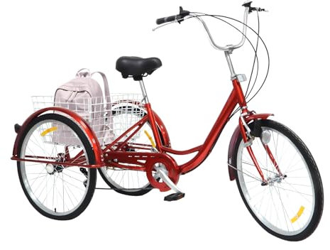 Balider Dreirad für Erwachsene Senioren, 24 Zoll 6 Geschwindigkeit 3 Rad Fahrrad mit Korb, Cityfahrrad Tricycle mit Kotflügel& Reflektierende Lichter (Rot)
