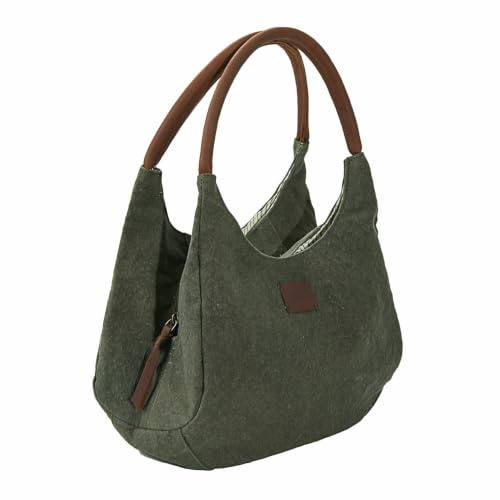 Loberon Tasche Lucie, grün/braun | Handliche Größe für Unterwegs, mit Reißverschluss, Klassisches Design, Accessoire, Henkeltasche, Baumwolle, Rindsleder