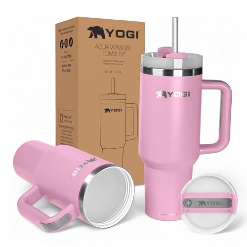 YOGI Ceramic Lined Tumbler with Handle and Straw Lid, Stainless Steel Travel Mug & Water Tumbler, Vacuum Sealed Cup with Handle - 30oz Powder Pink