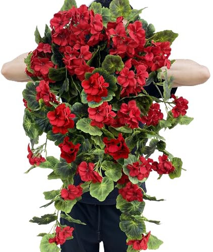 Dophinena Paquete de 2 paquetes colgantes de geranios artificiales, flores de seda, plantas de geranio para el hogar, jardín, boda, decoración interior y exterior (colgante rojo, paquete de 2)