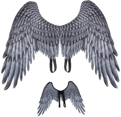 Ala de ángel para adulto Unisex Tamaño libre Pluma Realista Alas de ángel de Halloween Correa elástica para el hombro Disfraz de alas no tejidas para fiesta Cosplay Disfraz de ángel negro Alas de cosp