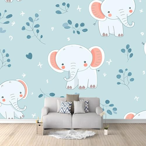 Fototapete Schlafzimmer Cartoon-Elefant Blau 200x140 cm 3D Druck Vliestapete, Wandtapete Wandbilder, für Wohnzimmer, Kinderzimmer, TV Hintergrund Vlies Tapete